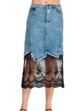 Denim & Lace Contrast Stretch Middy Skirt w Asymmetric Frayed Denim